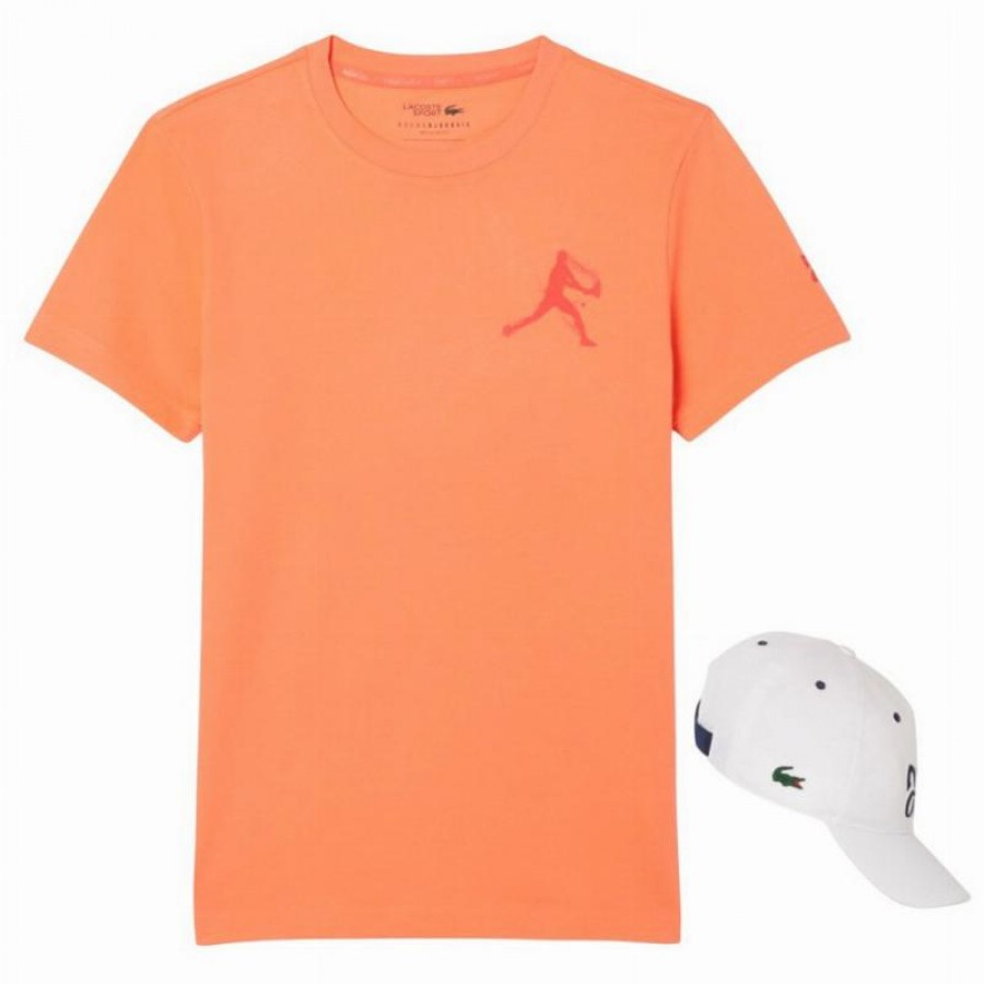 Pack Camiseta Lacoste Novak Djokovic Laranja e Boné Branco  Oferta + Barato